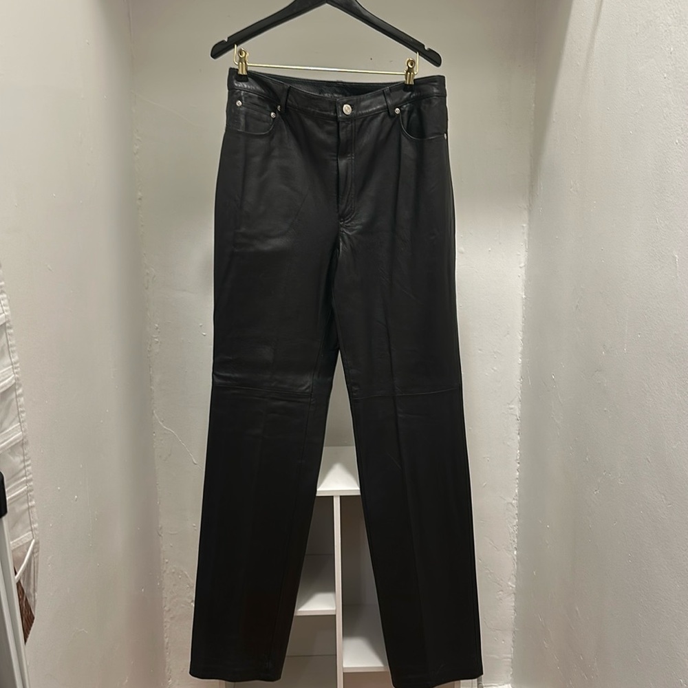 Newport News black leather high waisted pants